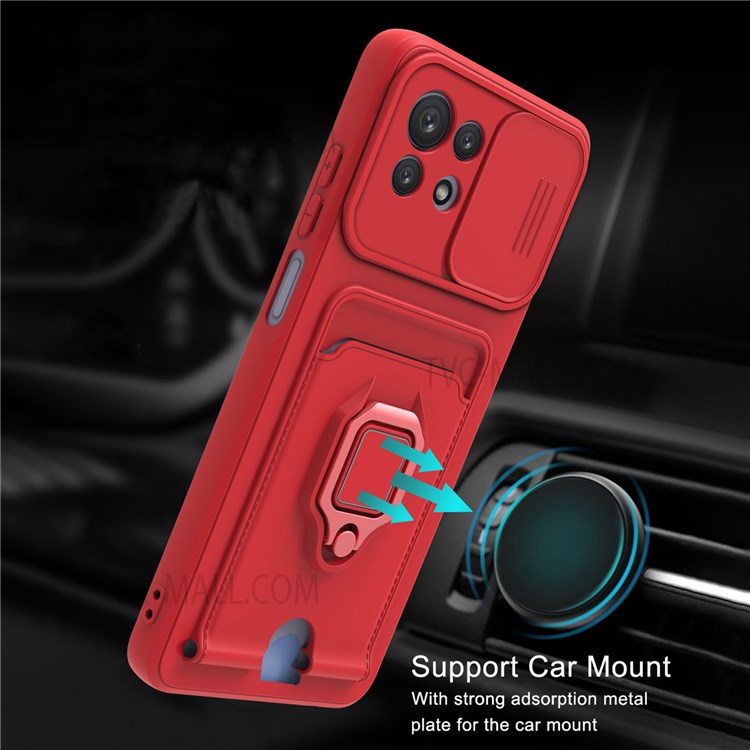 For Xiaomi Mi 11 Lite 4G/5G / 11 Lite 5G NE Kickstand Soft TPU Camera Protection Back Card Holder Phone Case with Lanyard - Red-2