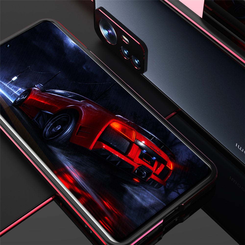 For Xiaomi 12/12X Contrast Color Metal Bumper Cover Phone Case with Camera Lens Cover - Black/Red-4
