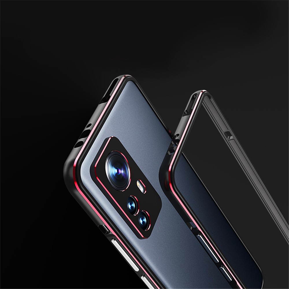 For Xiaomi 12/12X Contrast Color Metal Bumper Cover Phone Case with Camera Lens Cover - Black/Red-7