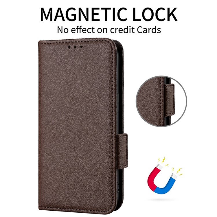 Litchi Texture Leather Case Para Xiaomi Redmi Nota 9 5g/nota 9t 5g, Capa de Telefone da Carteira de Grama Magnética Dupla - Castanho-6