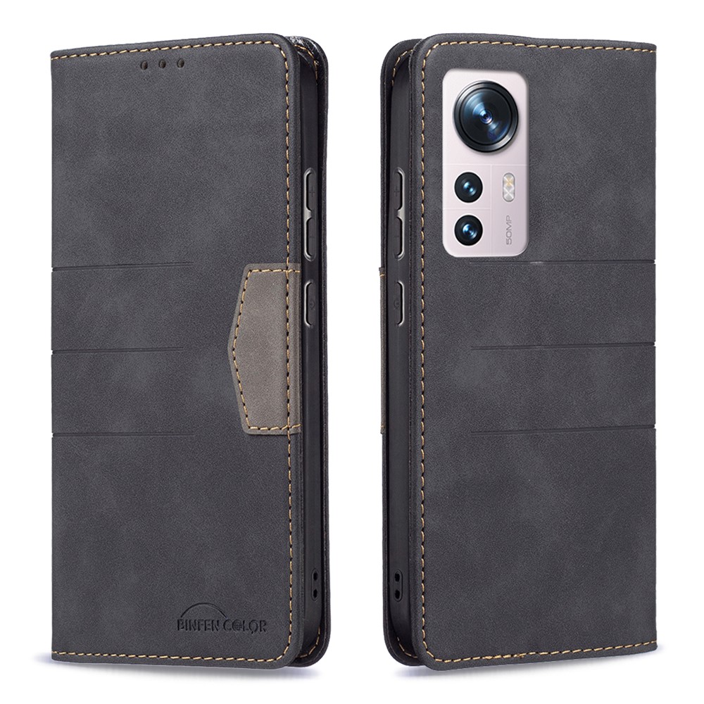 BINFEN COLOR BF10 for Xiaomi 12 Bi-color Wallet Stand Auto-absorbed Cover TPU + Leather Well-protected Cell Phone Case - Black-1