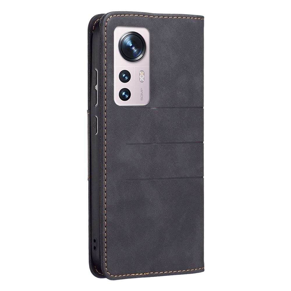 BINFEN COLOR BF10 for Xiaomi 12 Bi-color Wallet Stand Auto-absorbed Cover TPU + Leather Well-protected Cell Phone Case - Black-3
