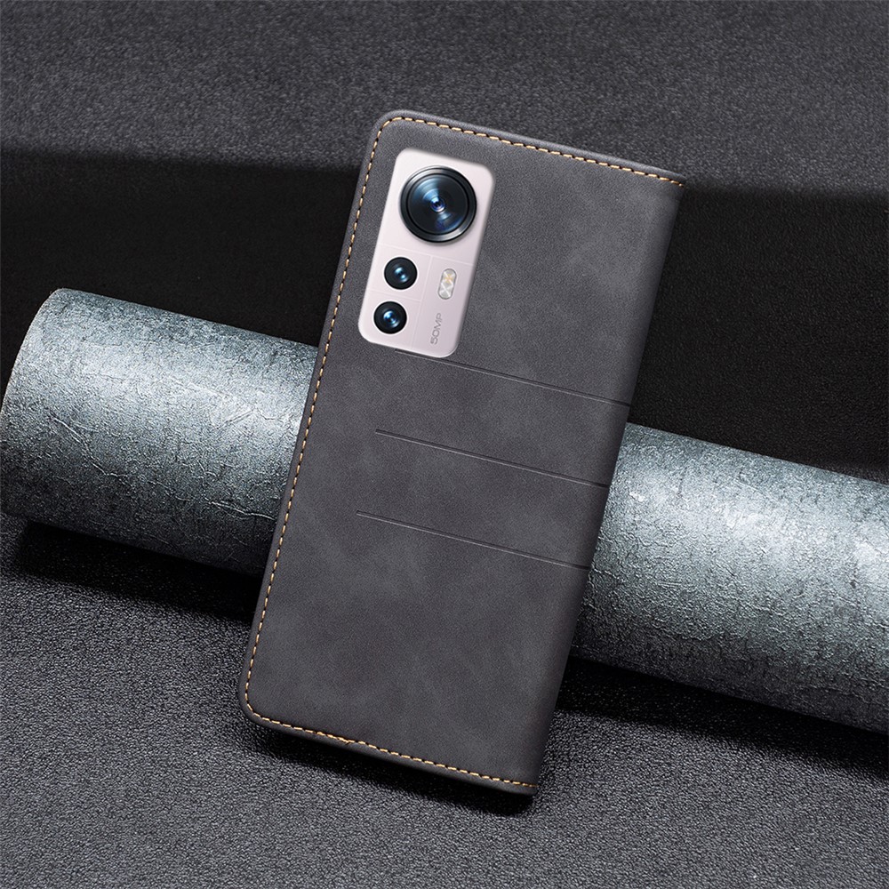 BINFEN COLOR BF10 for Xiaomi 12 Bi-color Wallet Stand Auto-absorbed Cover TPU + Leather Well-protected Cell Phone Case - Black-7
