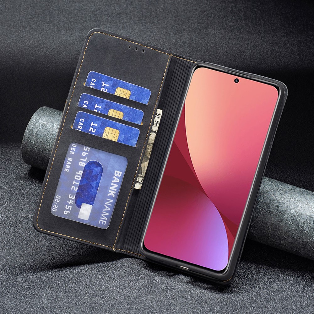 BINFEN COLOR BF10 for Xiaomi 12 Bi-color Wallet Stand Auto-absorbed Cover TPU + Leather Well-protected Cell Phone Case - Black-8