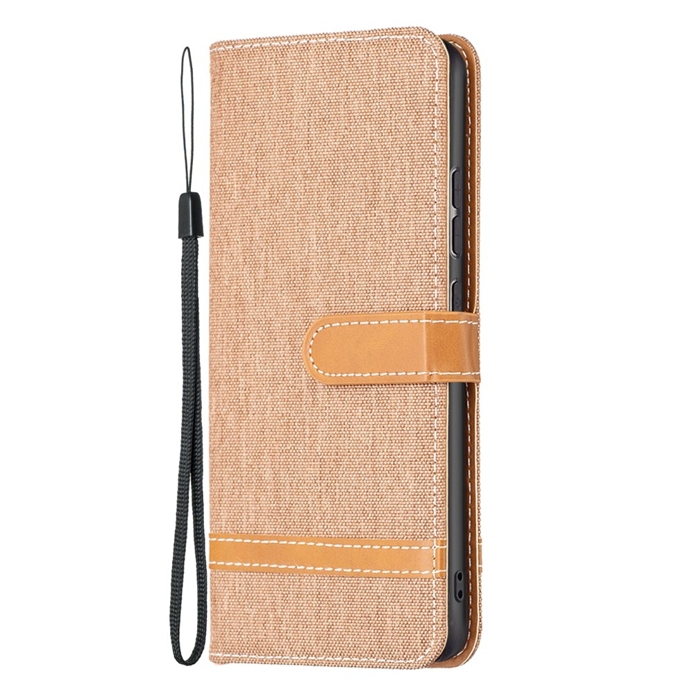 For Xiaomi 12 Color Matching Jeans Cloth Texture Soft TPU + PU Leather Wallet Cover Flip Stand Case with Strap - Brown-2