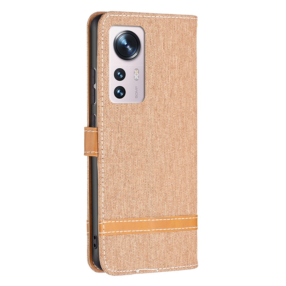 For Xiaomi 12 Color Matching Jeans Cloth Texture Soft TPU + PU Leather Wallet Cover Flip Stand Case with Strap - Brown-3