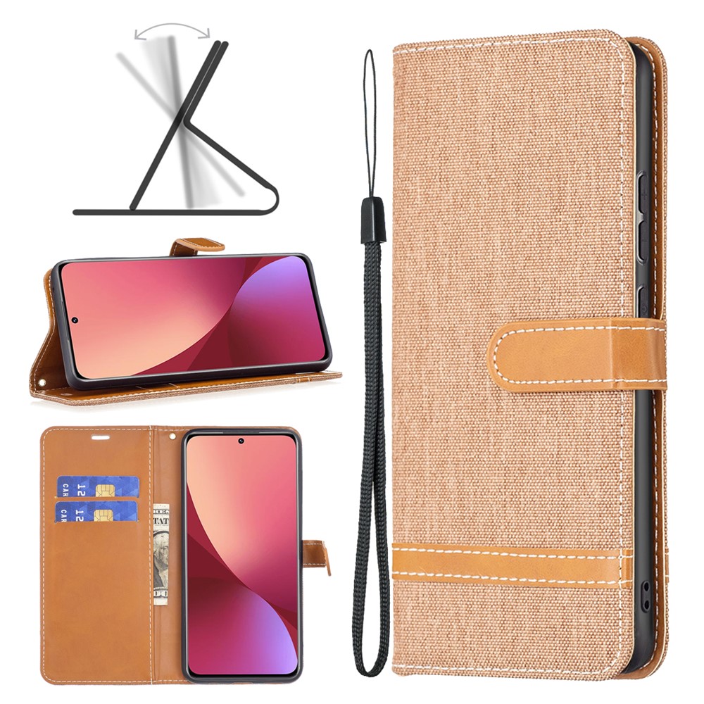 For Xiaomi 12 Color Matching Jeans Cloth Texture Soft TPU + PU Leather Wallet Cover Flip Stand Case with Strap - Brown-4