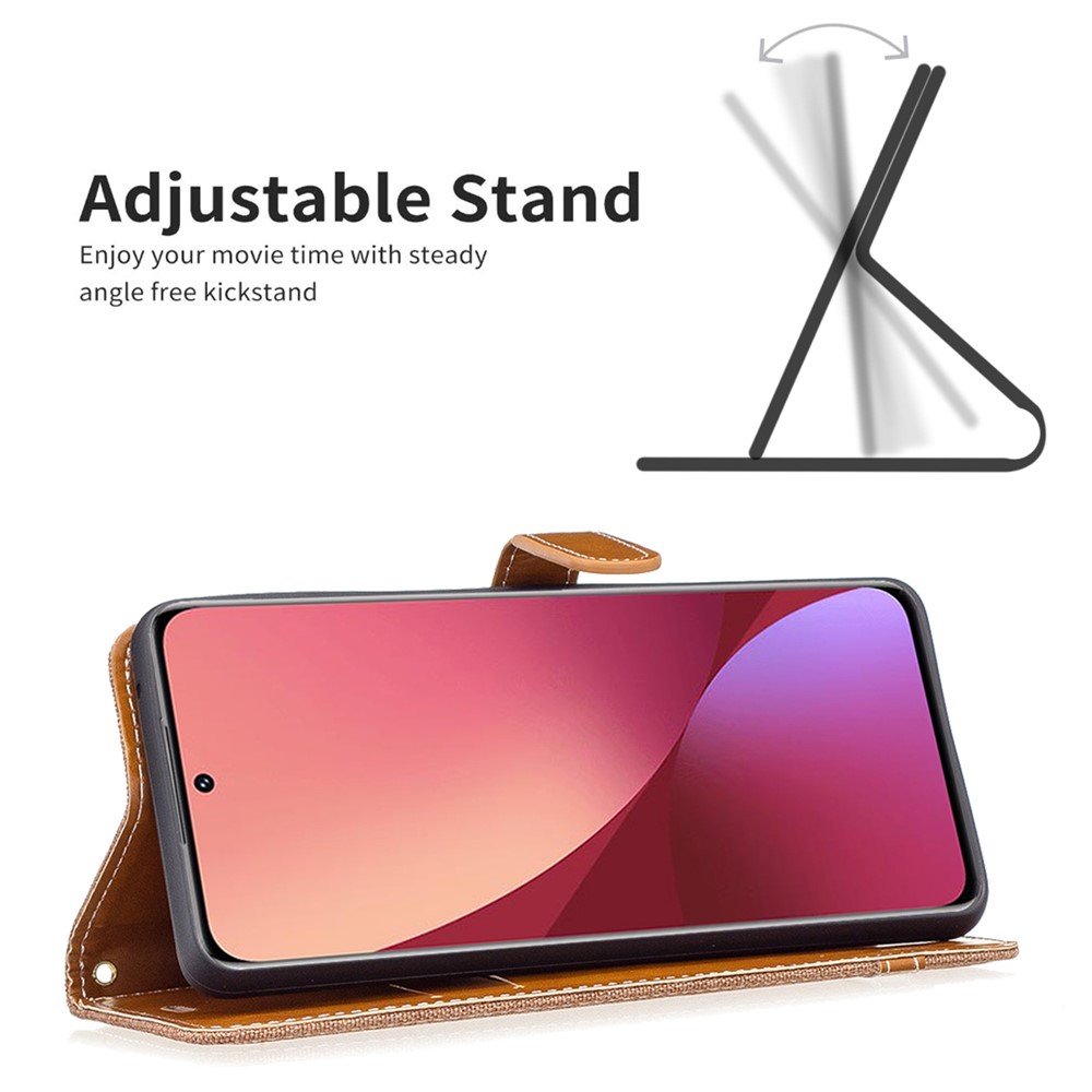 For Xiaomi 12 Color Matching Jeans Cloth Texture Soft TPU + PU Leather Wallet Cover Flip Stand Case with Strap - Brown-5