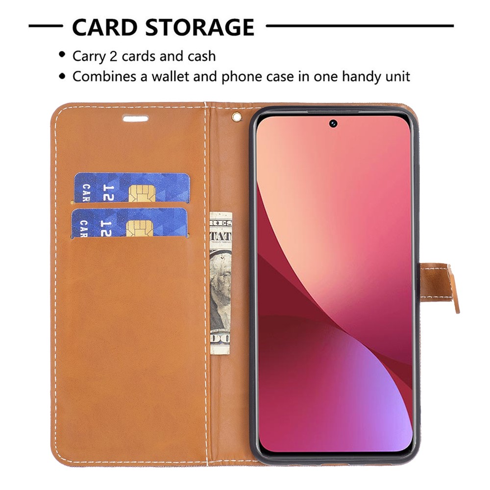 For Xiaomi 12 Color Matching Jeans Cloth Texture Soft TPU + PU Leather Wallet Cover Flip Stand Case with Strap - Brown-6