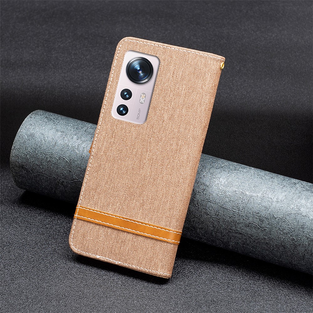 For Xiaomi 12 Color Matching Jeans Cloth Texture Soft TPU + PU Leather Wallet Cover Flip Stand Case with Strap - Brown-8