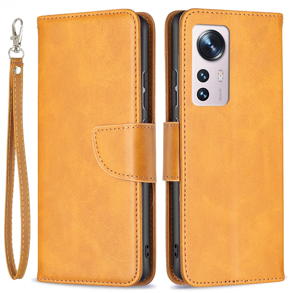 For Xiaomi 12 Textured Solid Color PU Leather Folio Flip Cover Stand Magnetic Phone Case with Strap - Yellow-1