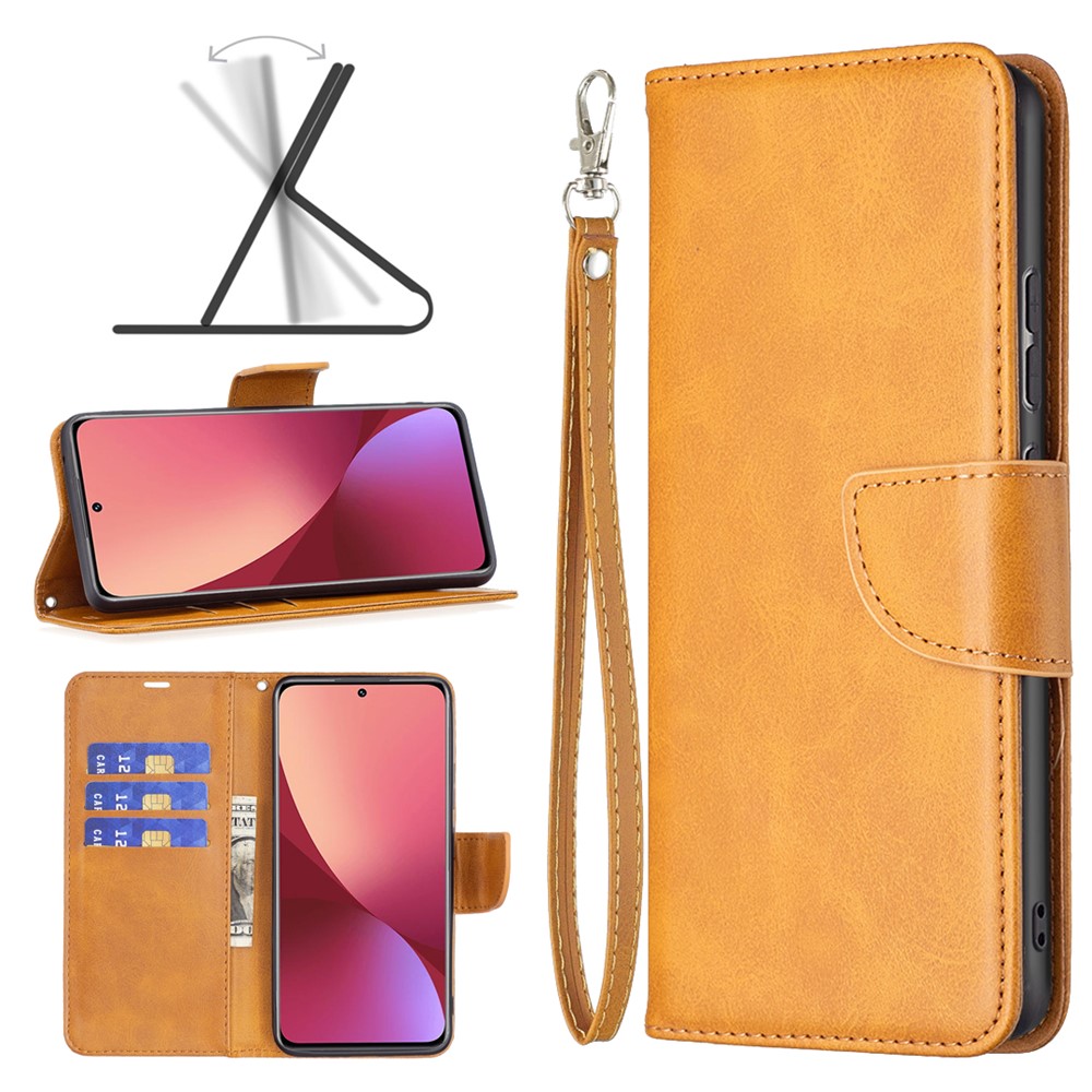 For Xiaomi 12 Textured Solid Color PU Leather Folio Flip Cover Stand Magnetic Phone Case with Strap - Yellow-4