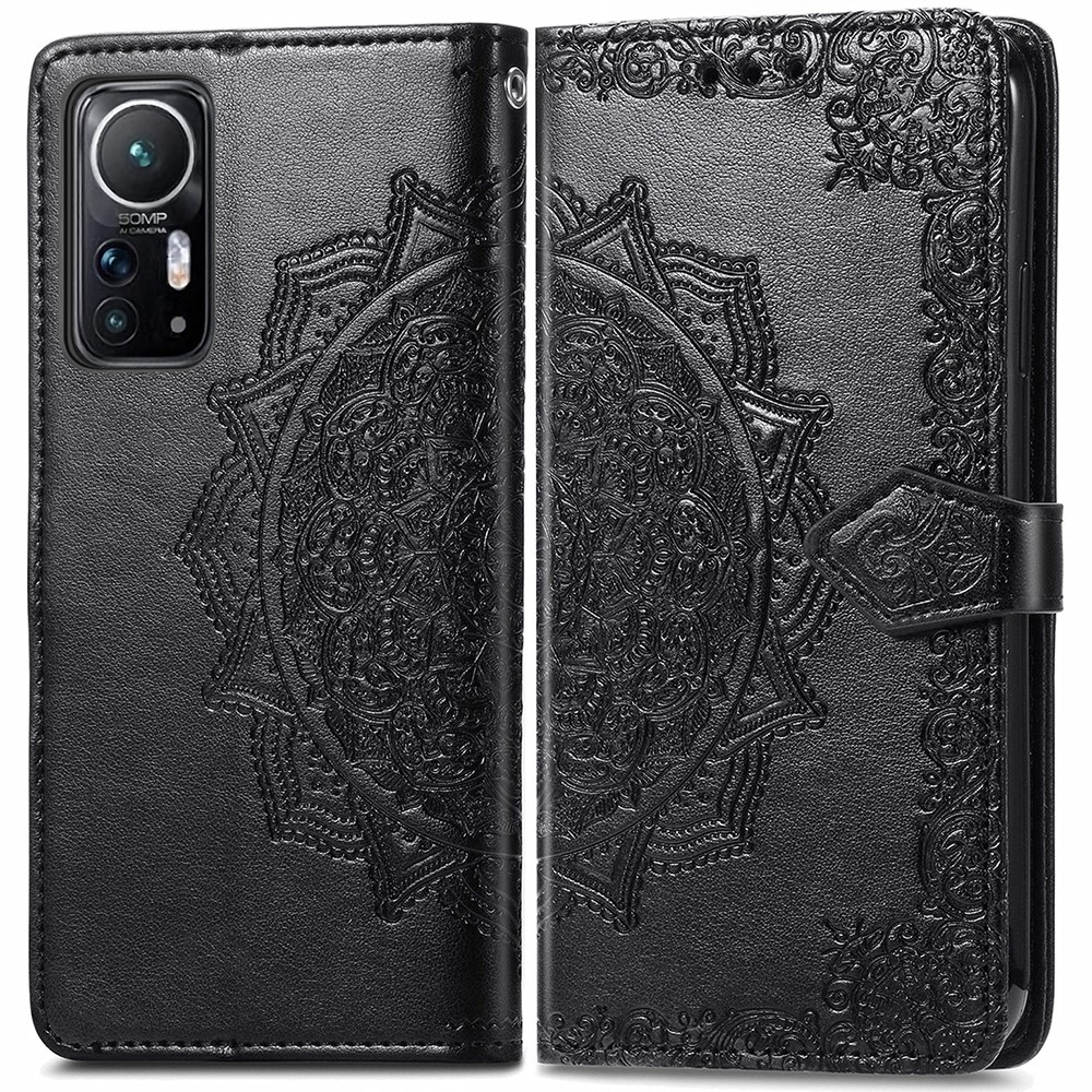 For Xiaomi 12 Embossed Mandala Flower PU Leather Magnetic Flip Case Wallet Stand Shockproof Protective Phone Cover - Black-1