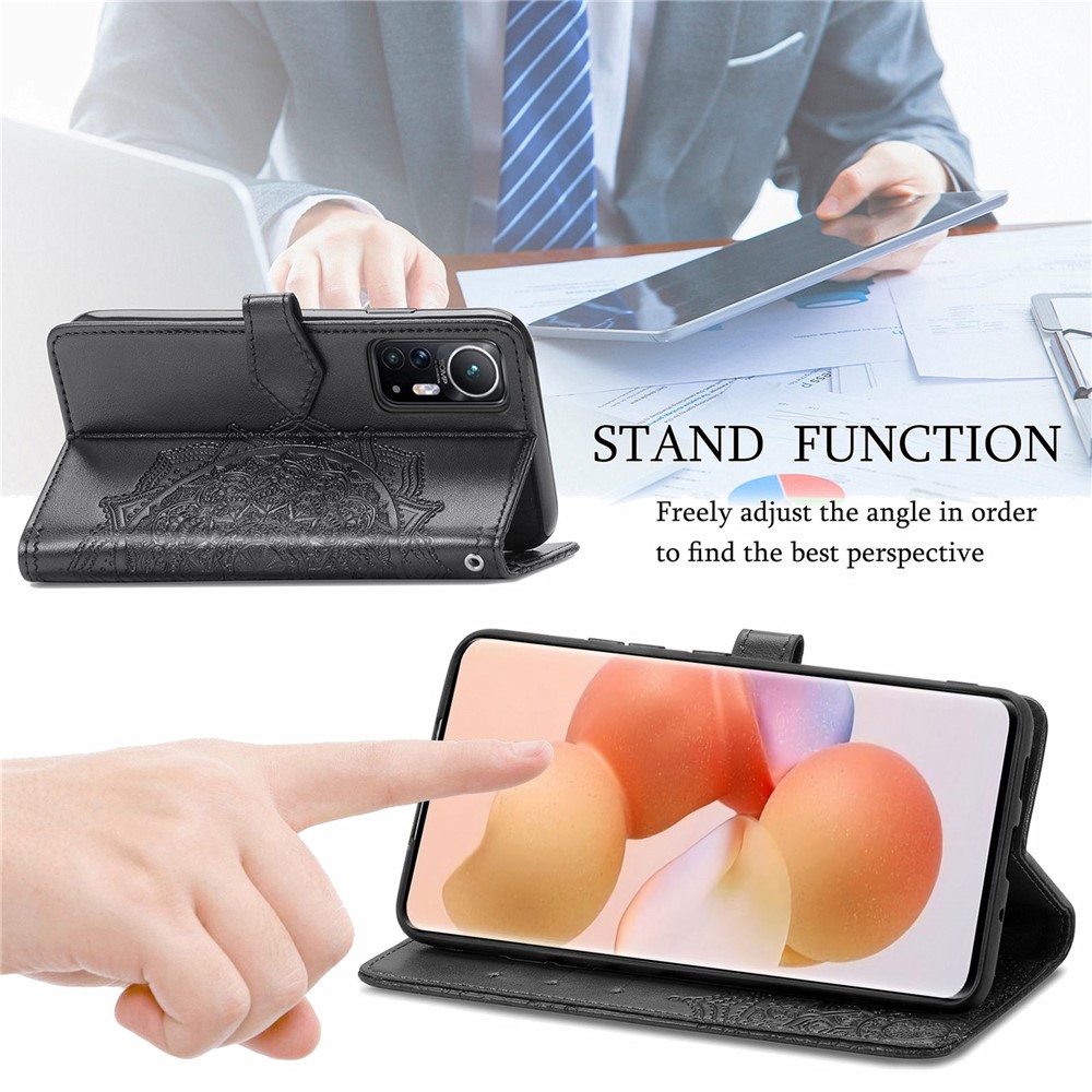 For Xiaomi 12 Embossed Mandala Flower PU Leather Magnetic Flip Case Wallet Stand Shockproof Protective Phone Cover - Black-6