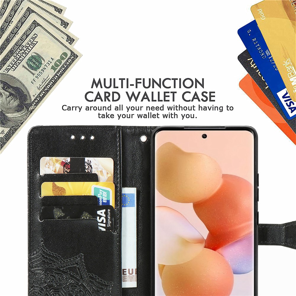 For Xiaomi 12 Embossed Mandala Flower PU Leather Magnetic Flip Case Wallet Stand Shockproof Protective Phone Cover - Black-7