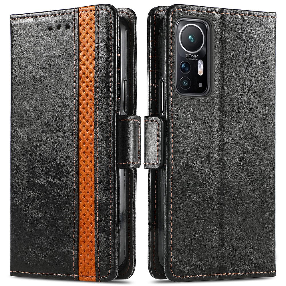 CASENEO 002 Series Business Phone Case for Xiaomi 12, Splicing PU Leather Shock-Absorption Flip Wallet Cover with Stand Function - Black-1