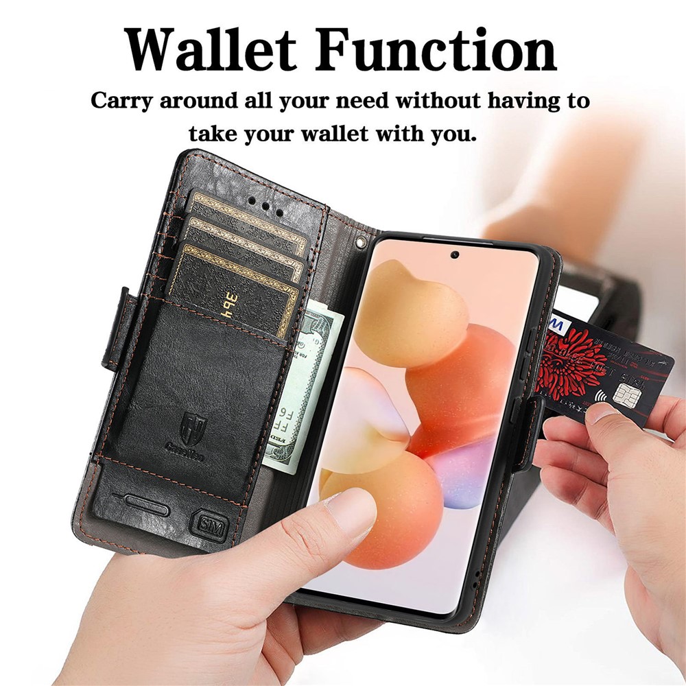 CASENEO 002 Series Business Phone Case for Xiaomi 12, Splicing PU Leather Shock-Absorption Flip Wallet Cover with Stand Function - Black-8