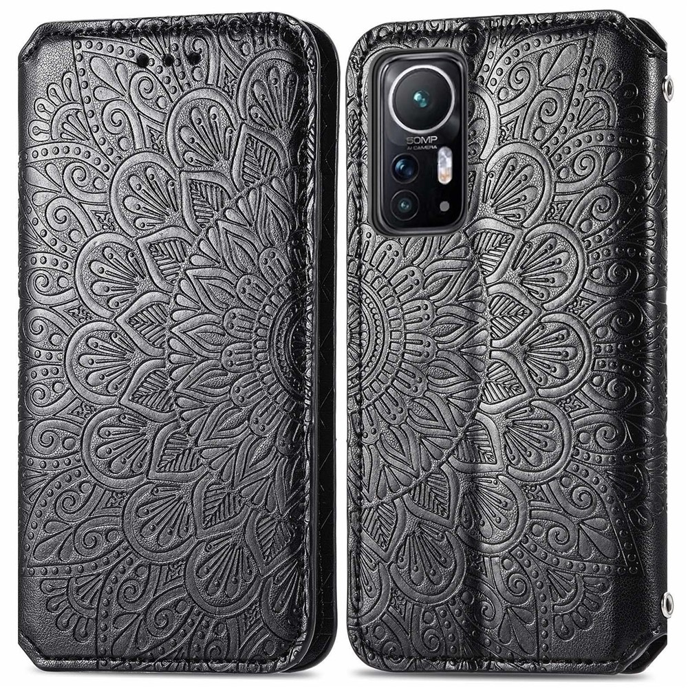 Mandala Flower Imprinted Leather Case for Xiaomi 12, Wallet Stand Auto Closing Magnetic Full Coverage Shell - Black-1