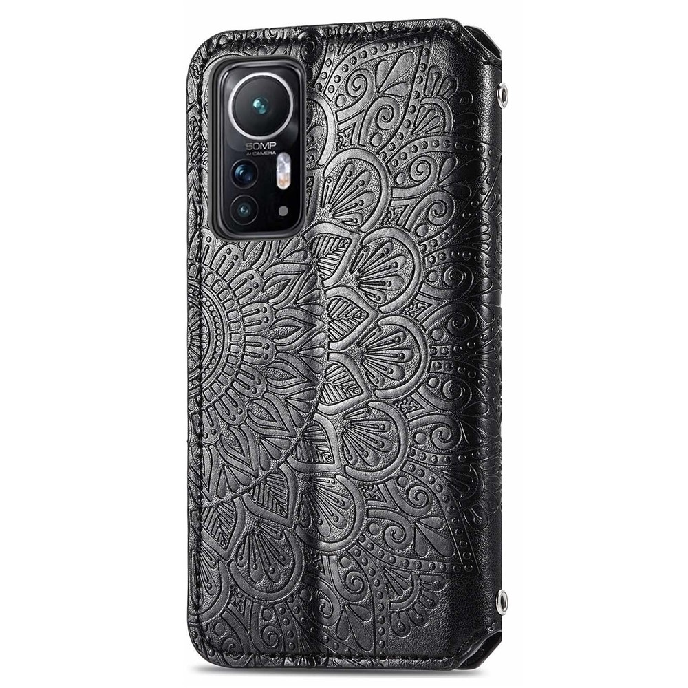Mandala Flower Imprinted Leather Case for Xiaomi 12, Wallet Stand Auto Closing Magnetic Full Coverage Shell - Black-3