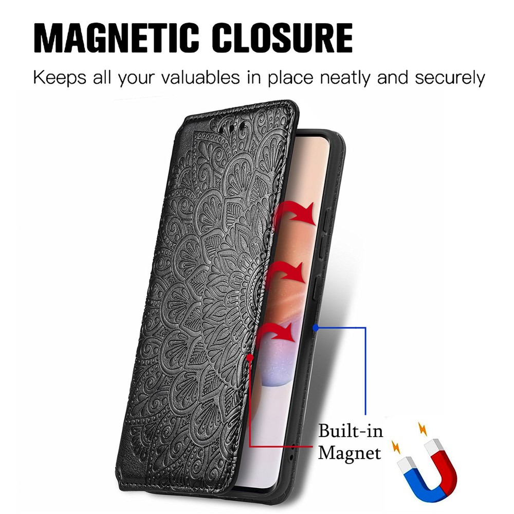 Mandala Flower Imprinted Leather Case for Xiaomi 12, Wallet Stand Auto Closing Magnetic Full Coverage Shell - Black-6