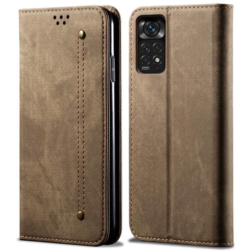 For Xiaomi Redmi Note 11S 4G / Redmi Note 11 4G (Qualcomm) Jeans Cloth Texture PU Leather Phone Case Wallet Stand Magnetic Absorption Shockproof Cover - Khaki-1