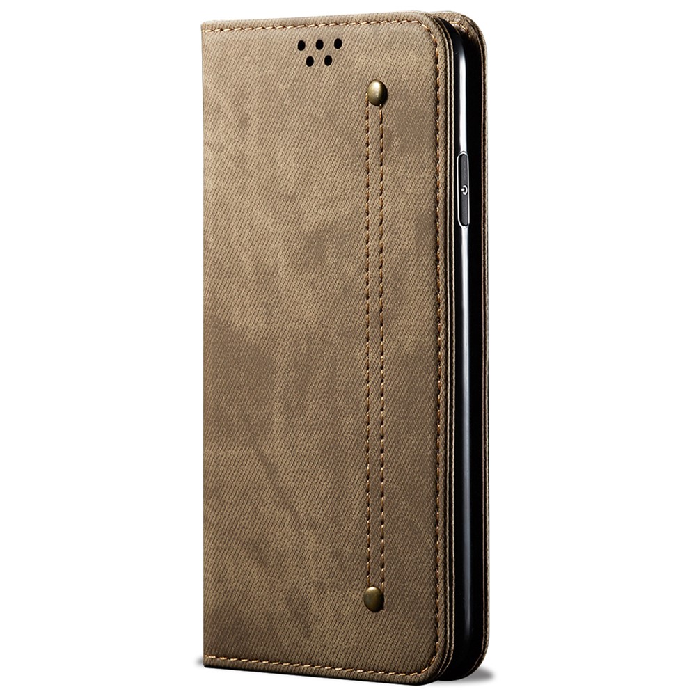 For Xiaomi Redmi Note 11S 4G / Redmi Note 11 4G (Qualcomm) Jeans Cloth Texture PU Leather Phone Case Wallet Stand Magnetic Absorption Shockproof Cover - Khaki-2