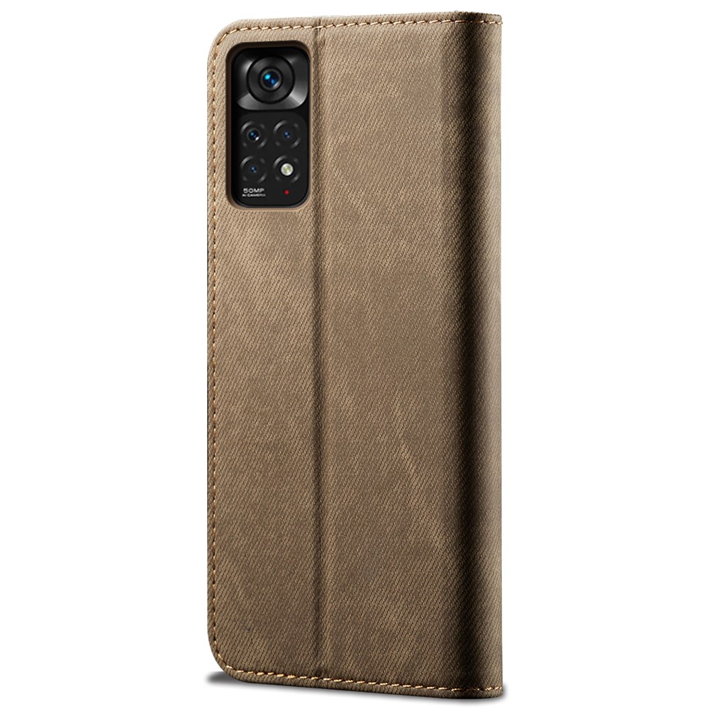 For Xiaomi Redmi Note 11S 4G / Redmi Note 11 4G (Qualcomm) Jeans Cloth Texture PU Leather Phone Case Wallet Stand Magnetic Absorption Shockproof Cover - Khaki-3