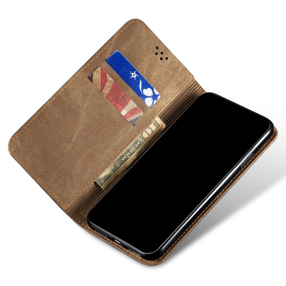 For Xiaomi Redmi Note 11S 4G / Redmi Note 11 4G (Qualcomm) Jeans Cloth Texture PU Leather Phone Case Wallet Stand Magnetic Absorption Shockproof Cover - Khaki-5
