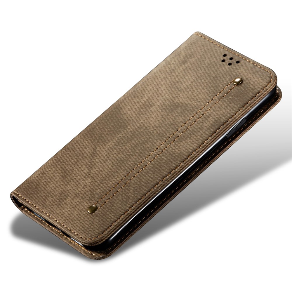 For Xiaomi Redmi Note 11S 4G / Redmi Note 11 4G (Qualcomm) Jeans Cloth Texture PU Leather Phone Case Wallet Stand Magnetic Absorption Shockproof Cover - Khaki-6
