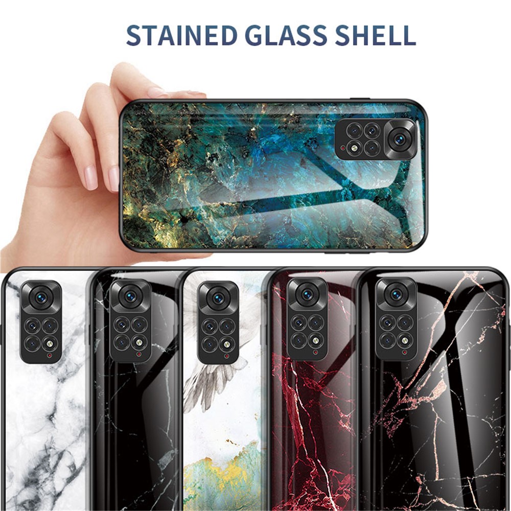 For Xiaomi Redmi Note 11 4G (Qualcomm) /Note 11S 4G Marble Pattern Shockproof Phone Case Tempered Glass + PC Back TPU Frame Shell - Emerald Marble-8