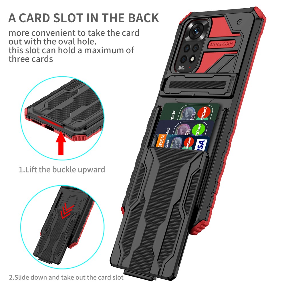 For Xiaomi Redmi Note 11 4G (Qualcomm)/Note 11S 4G, PC + TPU Phone Case Kickstand Detachable Card Holder Shell - Red-2