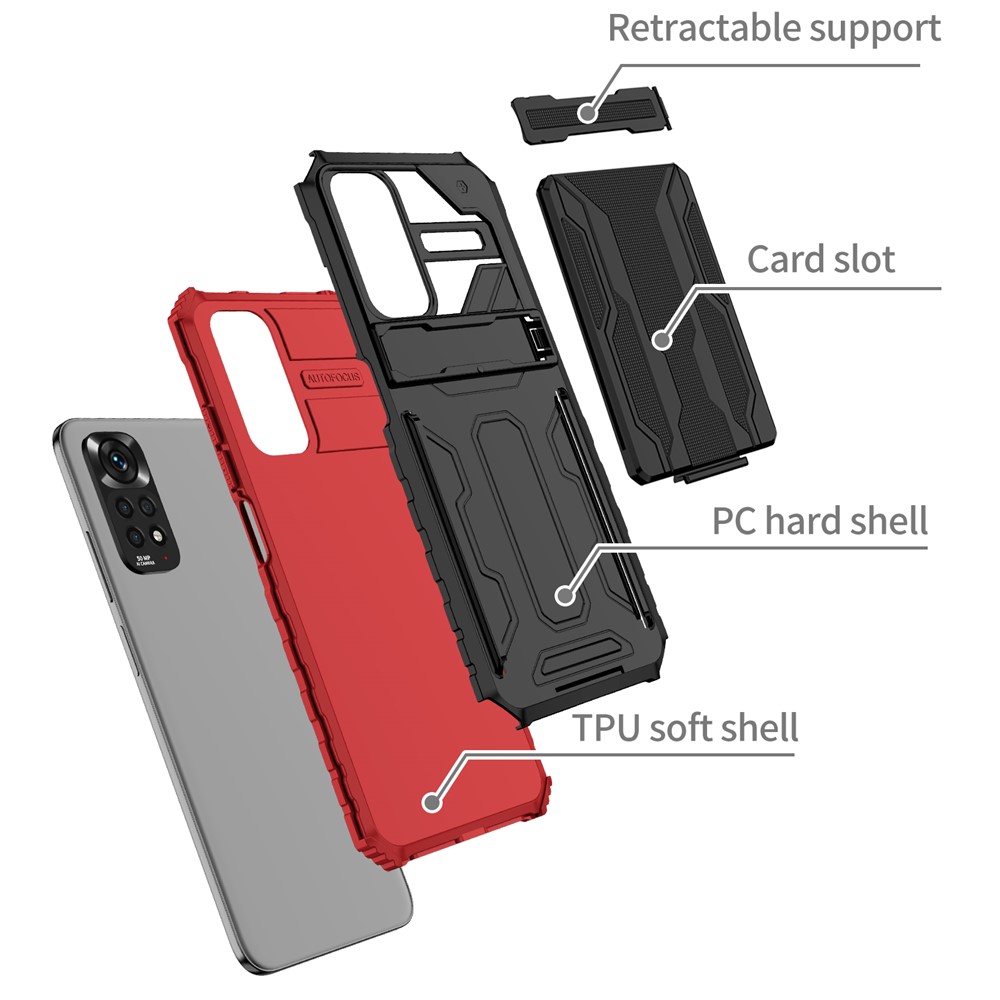 For Xiaomi Redmi Note 11 4G (Qualcomm)/Note 11S 4G, PC + TPU Phone Case Kickstand Detachable Card Holder Shell - Red-3