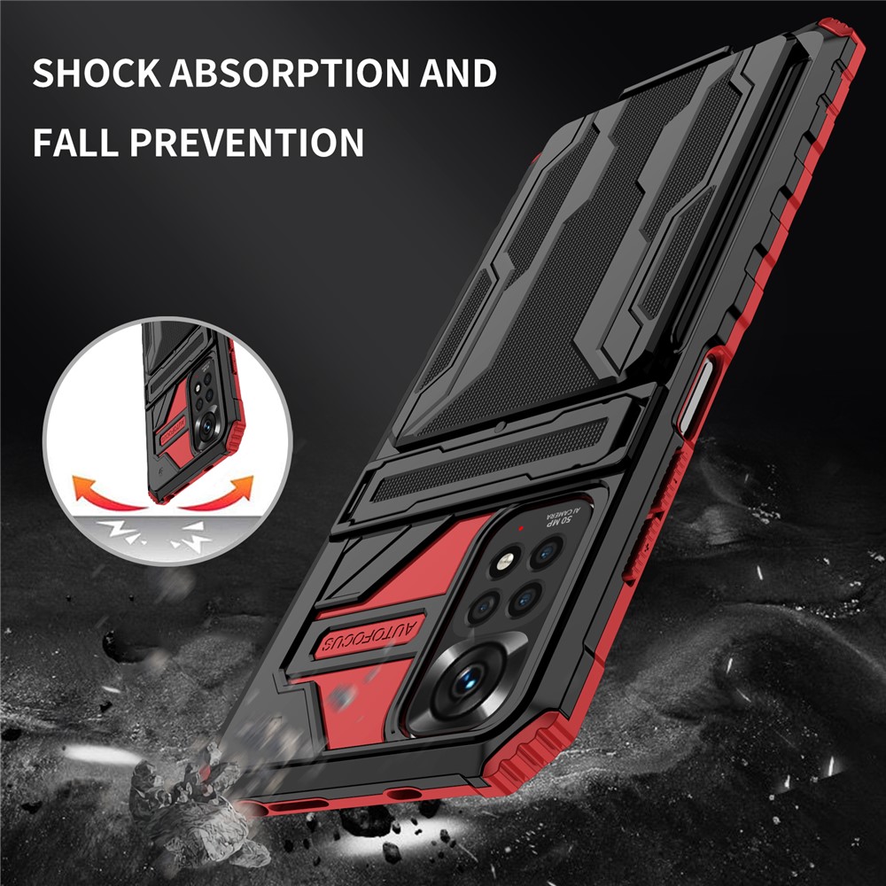 For Xiaomi Redmi Note 11 4G (Qualcomm)/Note 11S 4G, PC + TPU Phone Case Kickstand Detachable Card Holder Shell - Red-6