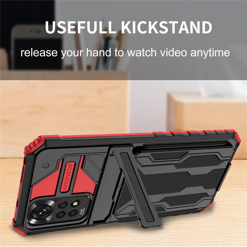 For Xiaomi Redmi Note 11 4G (Qualcomm)/Note 11S 4G, PC + TPU Phone Case Kickstand Detachable Card Holder Shell - Red-7