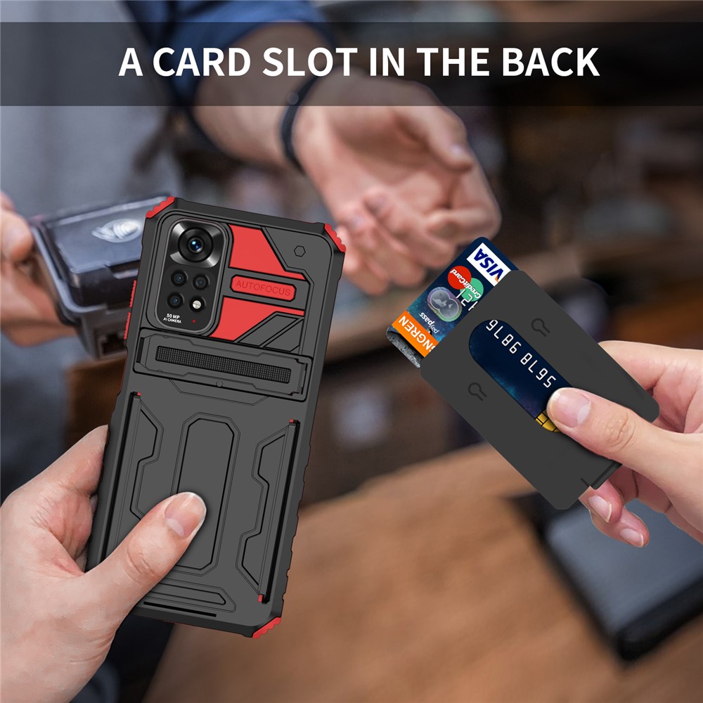 For Xiaomi Redmi Note 11 4G (Qualcomm)/Note 11S 4G, PC + TPU Phone Case Kickstand Detachable Card Holder Shell - Red-8