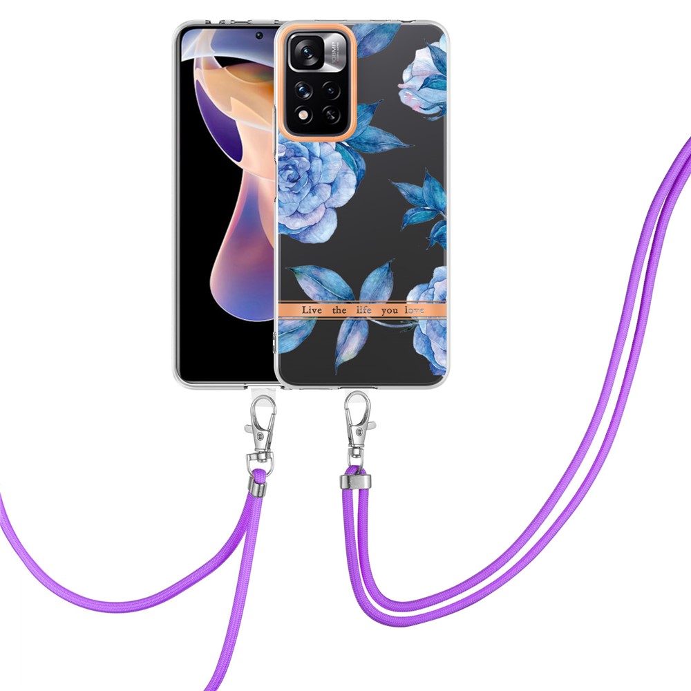 For Xiaomi Redmi Note 11 Pro 5G (China) (MediaTek) / Redmi Note 11 Pro+ 5G YB IMD-9 Series Flower Pattern Case Electroplating IMD Soft TPU Back Phone Cover with Lanyard - HC003 Blue Peony-2