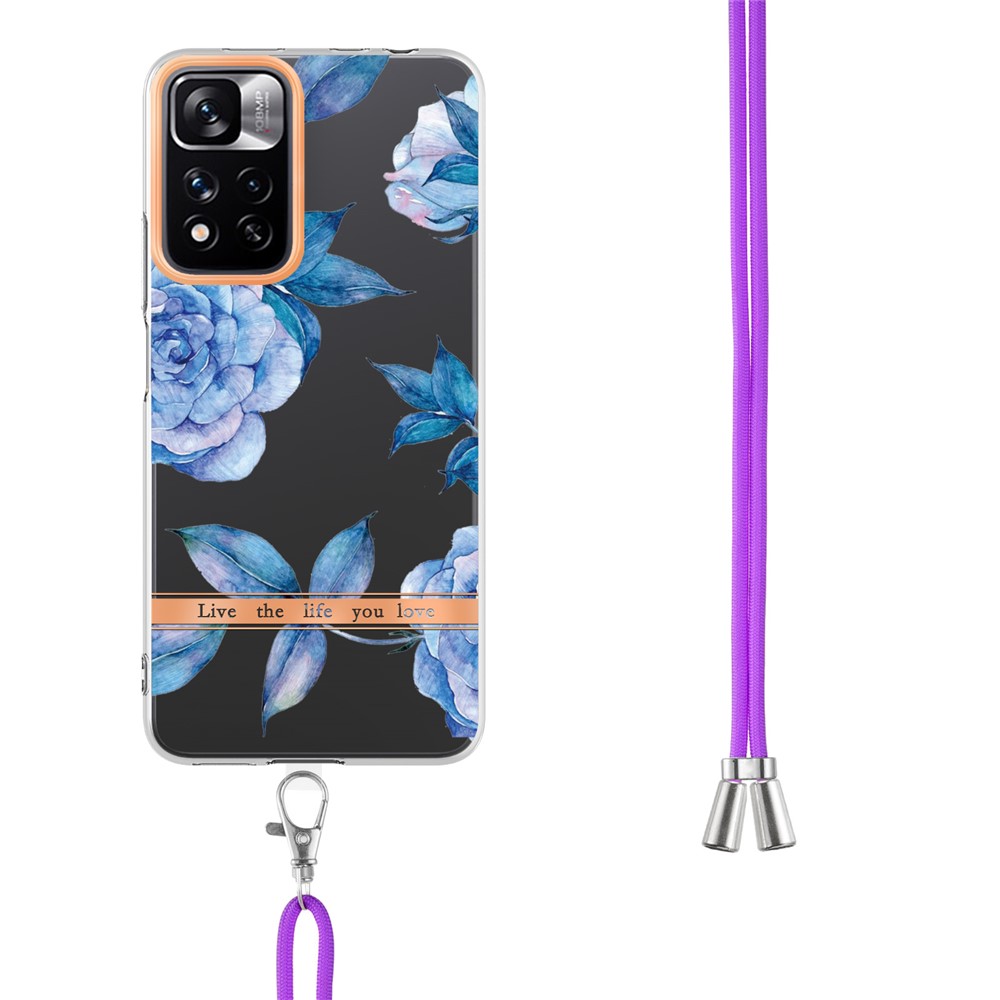 For Xiaomi Redmi Note 11 Pro 5G (China) (MediaTek) / Redmi Note 11 Pro+ 5G YB IMD-9 Series Flower Pattern Case Electroplating IMD Soft TPU Back Phone Cover with Lanyard - HC003 Blue Peony-3