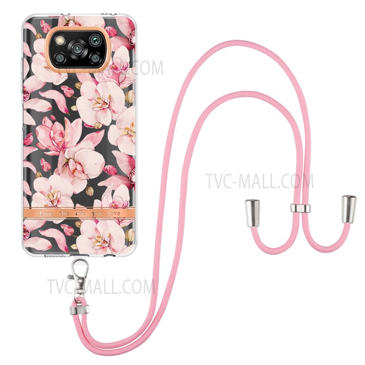 For Xiaomi Poco X3 NFC / Poco X3 / Poco X3 Pro YB IMD-9 Series Stylish Flower Pattern Case Electroplating IMD Flexible TPU Protective Cover with Lanyard - HC005 Pink Gardenia-1