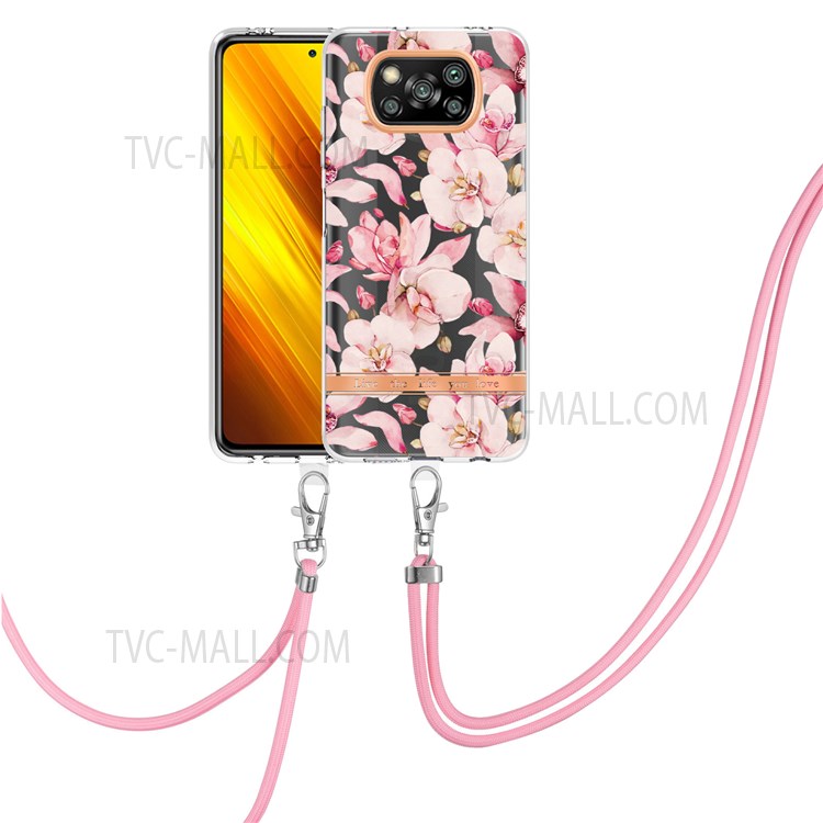 For Xiaomi Poco X3 NFC / Poco X3 / Poco X3 Pro YB IMD-9 Series Stylish Flower Pattern Case Electroplating IMD Flexible TPU Protective Cover with Lanyard - HC005 Pink Gardenia-2