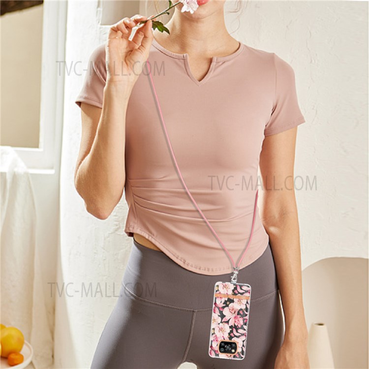 For Xiaomi Poco X3 NFC / Poco X3 / Poco X3 Pro YB IMD-9 Series Stylish Flower Pattern Case Electroplating IMD Flexible TPU Protective Cover with Lanyard - HC005 Pink Gardenia-4