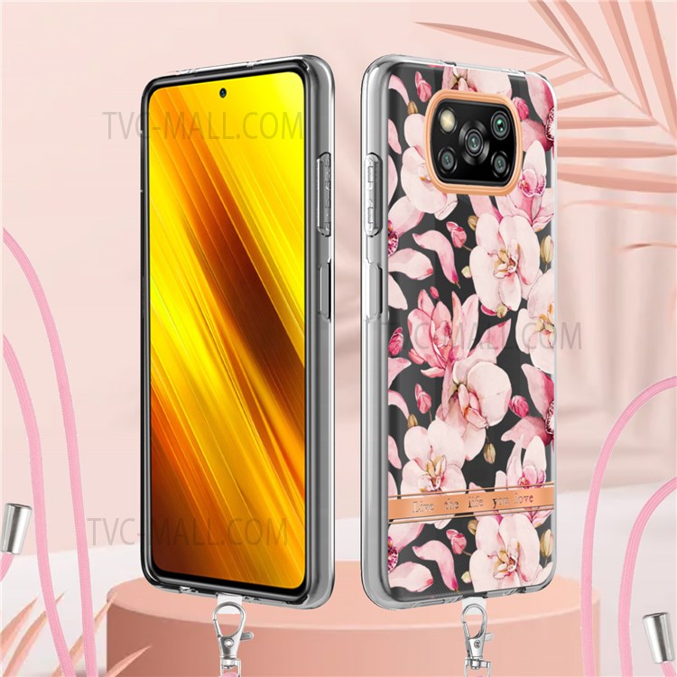 For Xiaomi Poco X3 NFC / Poco X3 / Poco X3 Pro YB IMD-9 Series Stylish Flower Pattern Case Electroplating IMD Flexible TPU Protective Cover with Lanyard - HC005 Pink Gardenia-6