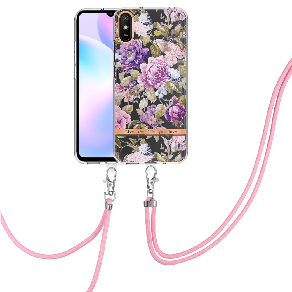 YB IMD-9 Series Stylish Flower Pattern Phone Cover for Xiaomi Redmi 9A, Electroplating IMD Protective Soft TPU Back Cover with Lanyard - HC006 Purple Peony-2