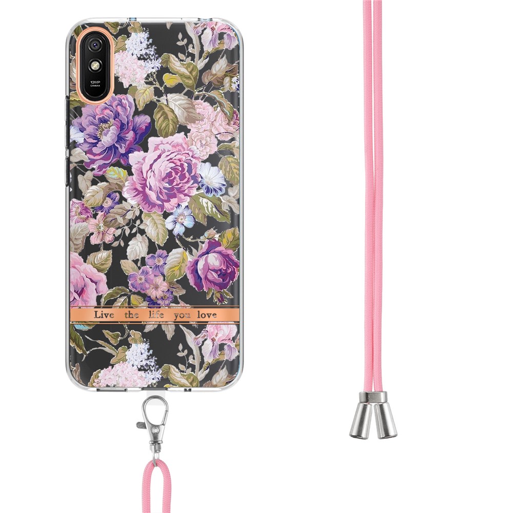 YB IMD-9 Series Stylish Flower Pattern Phone Cover for Xiaomi Redmi 9A, Electroplating IMD Protective Soft TPU Back Cover with Lanyard - HC006 Purple Peony-3