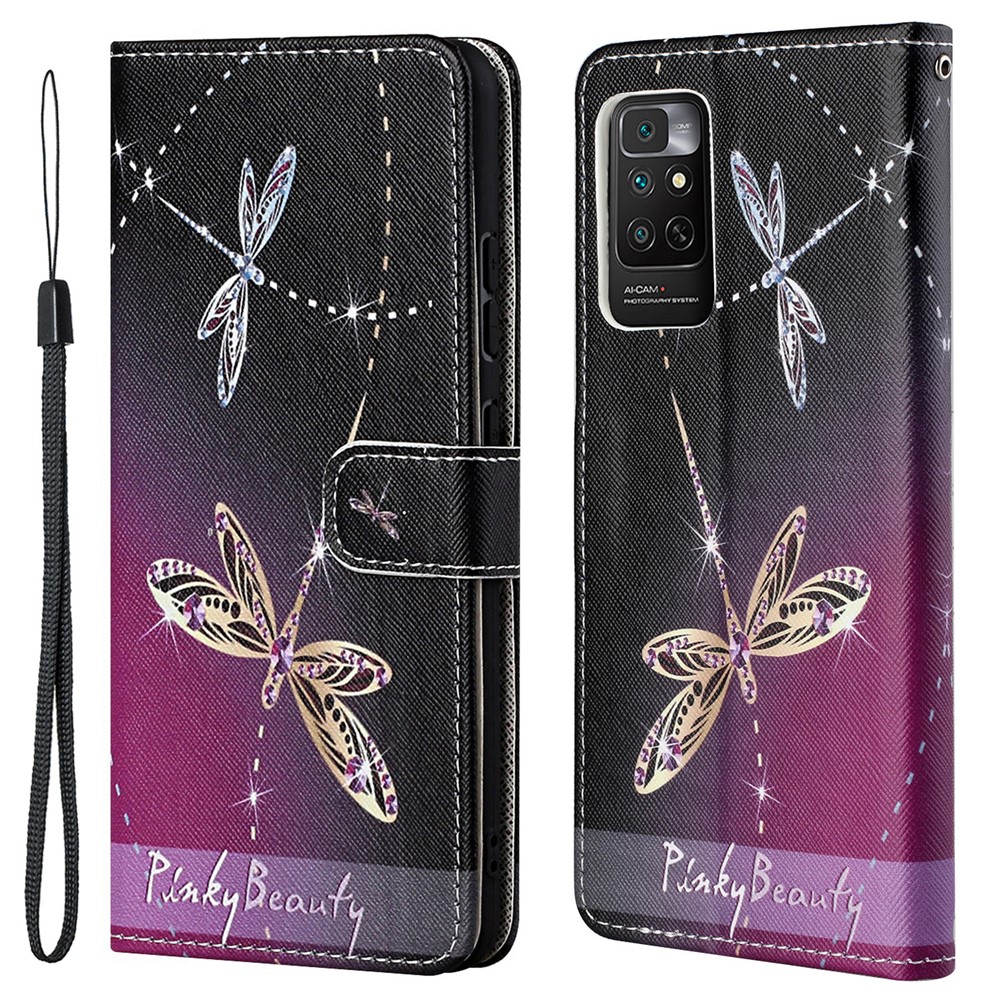 For Xiaomi Redmi Note 11 4G (Qualcomm) / Redmi Note 11S 4G PU Leather Pattern Printing Phone Cover Cross Texture Stand Wallet Magnetic Shockproof Case with Strap - Two Dragonflies-1