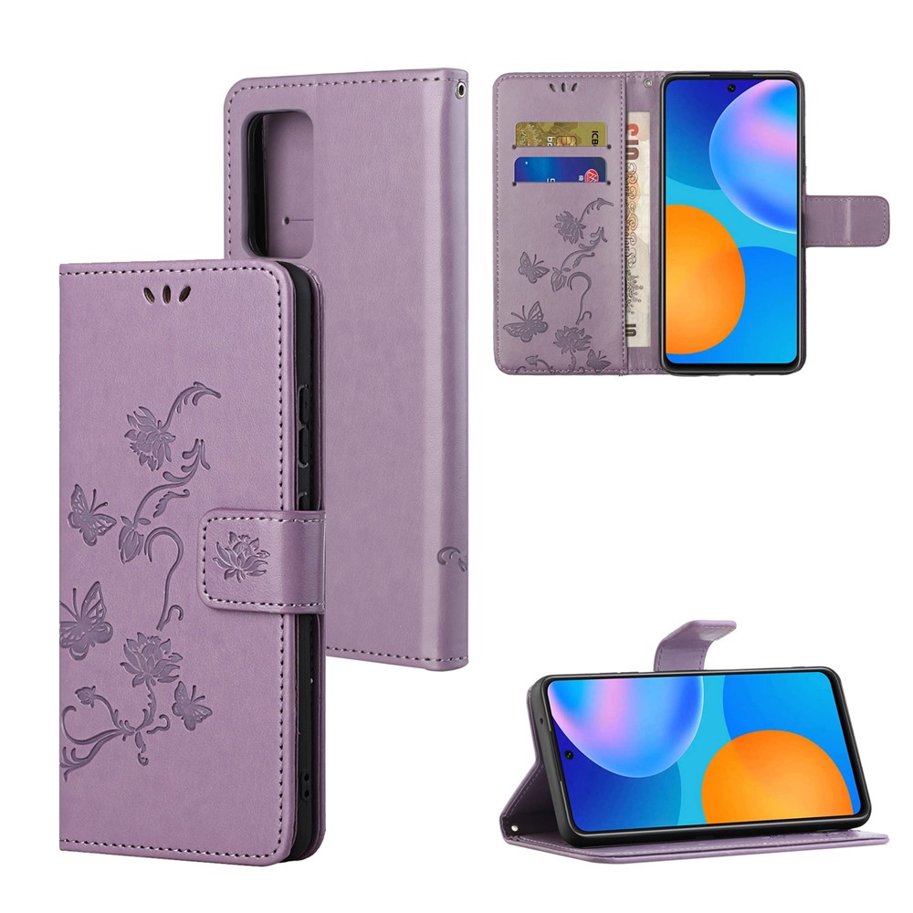 For Xiaomi Redmi Note 11 4G (Qualcomm) / Redmi Note 11S 4G Butterfly Flower Imprinted PU Leather Wallet Flip Case Stand Magnetic Closure Shockproof Phone Cover with Strap- Purple-6