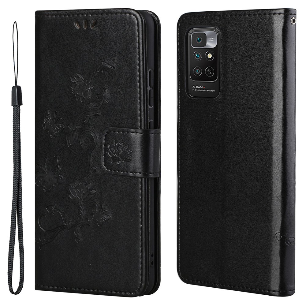 For Xiaomi Redmi Note 11 4G (Qualcomm) / Redmi Note 11S 4G Butterfly Flower Imprinted PU Leather Wallet Flip Case Stand Magnetic Closure Shockproof Phone Cover with Strap- Black-1