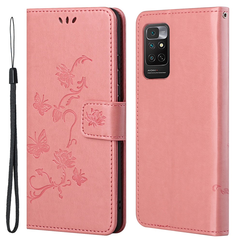 For Xiaomi Redmi Note 11 4G (Qualcomm) / Redmi Note 11S 4G Butterfly Flower Imprinted PU Leather Wallet Flip Case Stand Magnetic Closure Shockproof Phone Cover with Strap- Pink-1