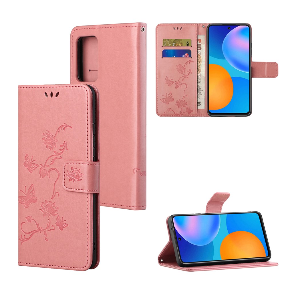 For Xiaomi Redmi Note 11 4G (Qualcomm) / Redmi Note 11S 4G Butterfly Flower Imprinted PU Leather Wallet Flip Case Stand Magnetic Closure Shockproof Phone Cover with Strap- Pink-6