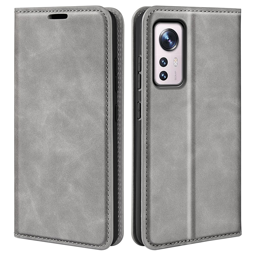 For Xiaomi 12/12X Skin Touch PU Leather Magnetic Adsorption Case Wallet Design Inner TPU Flip Stand Phone Cover - Grey-1