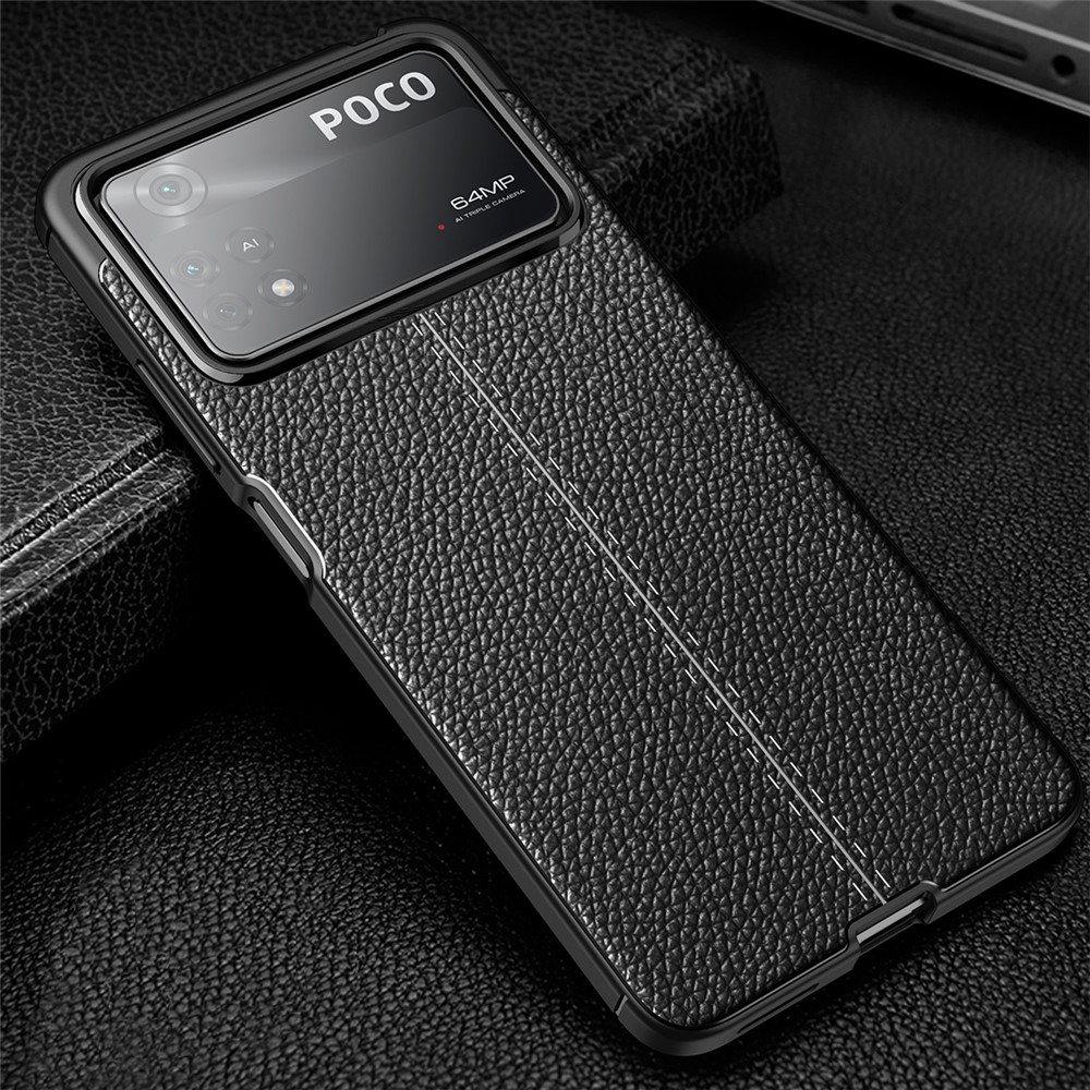 Litchi Texture Soft TPU Case for Xiaomi Poco M4 Pro, Fingerprint-free Mobile Phone Cover - Black-9